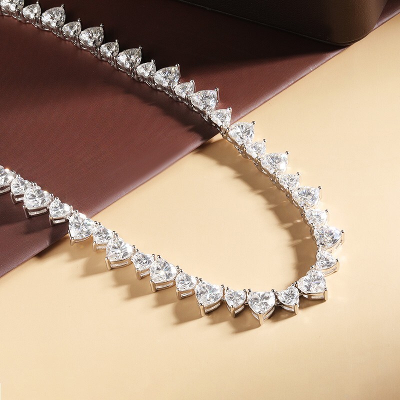 Heart Cut Real Moissanite Women Tennis Necklace Choker 18K White Gold Plated GRA
