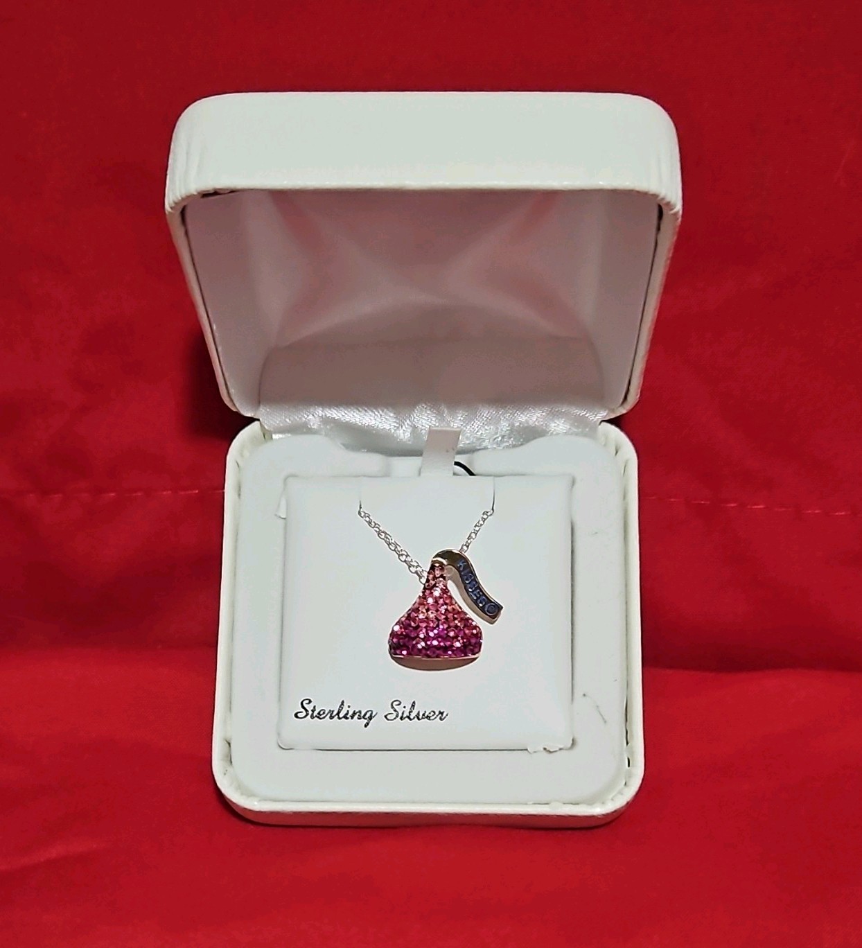 Sterling Silver 925 Pink Stone Asymmetrical Pendant Necklace Cable Chain in Box