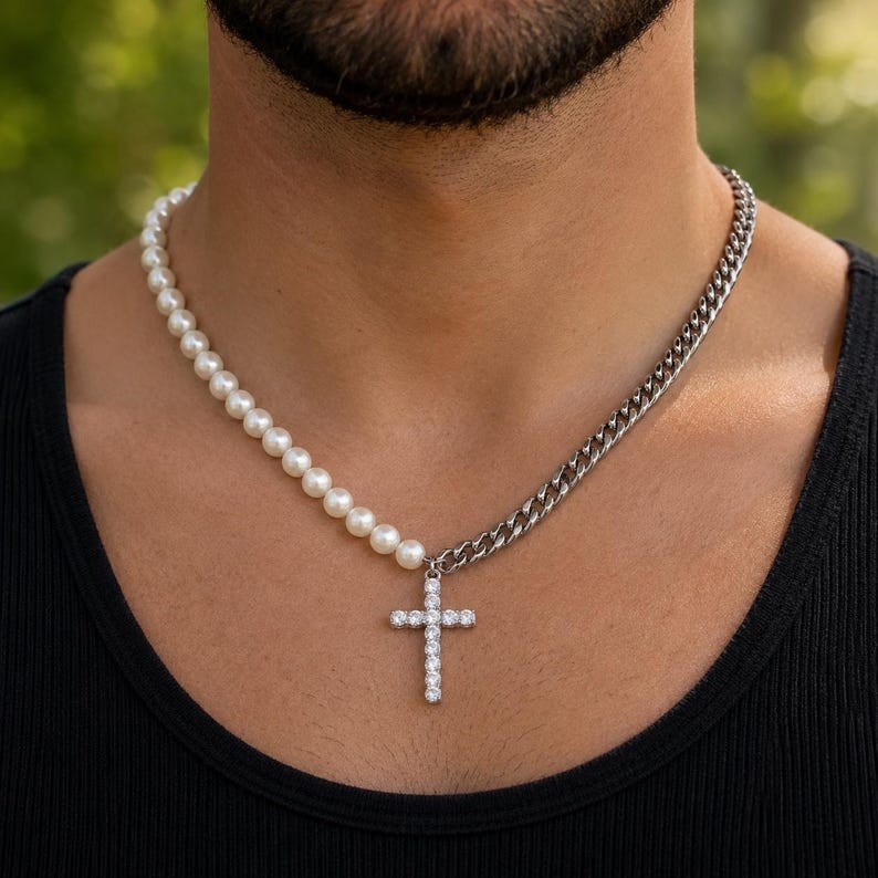 Pearl Cross Necklace for Men Women 925 Sterling Silver Cuban Link Chain Beaded