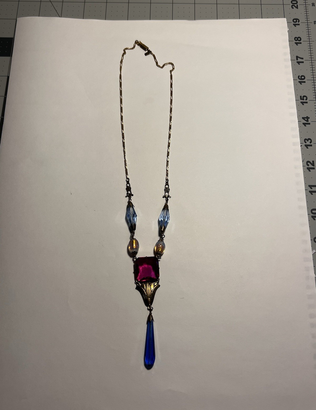 Goldette Signed Gold Plated Cable Necklace Pink Glass Square, Blue Dangle