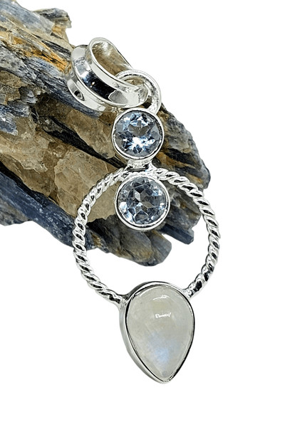 Rainbow Moonstone & Blue Topaz Pendant, Sterling Silver, June and December Birth