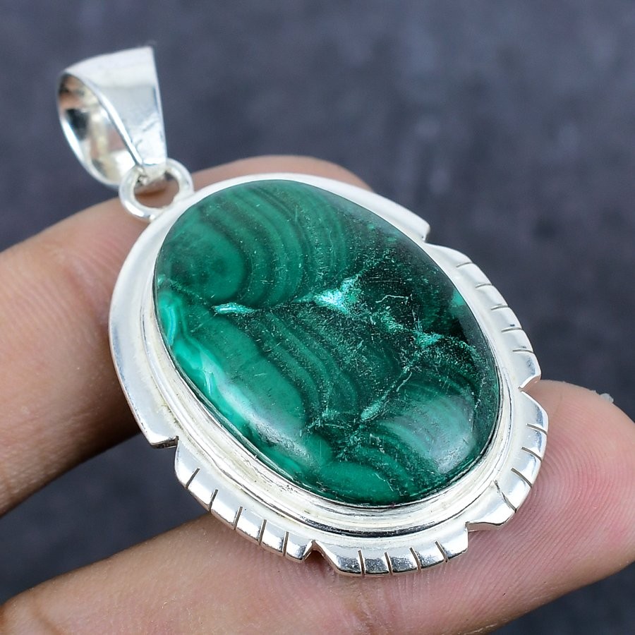 Malachite Gemstone Handmade 925 Sterling Silver Jewelry Pendant 2.05″ K804