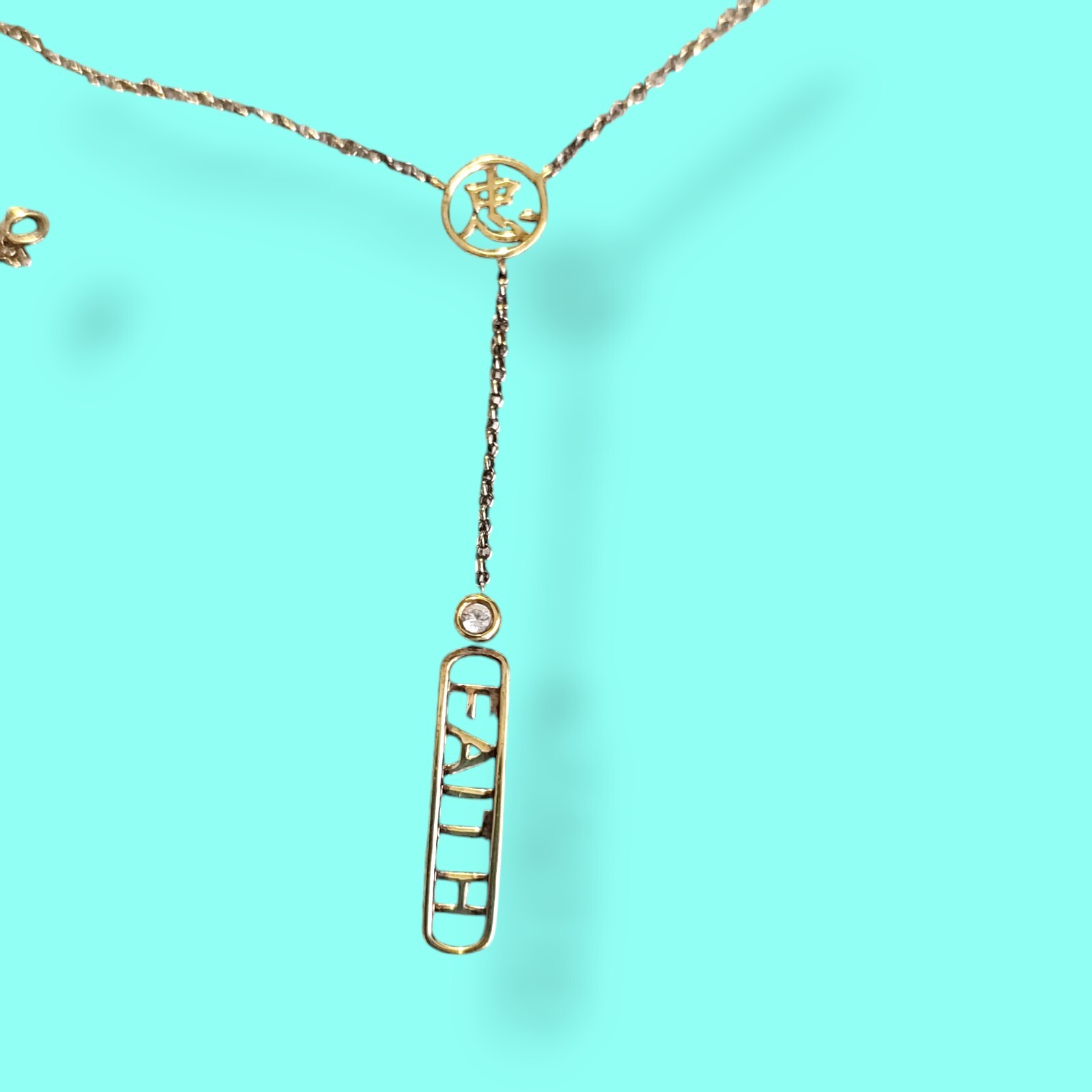 Italy Gold Plated Sterling Silver 925 & Diamond Faith Lariat Necklace 19in
