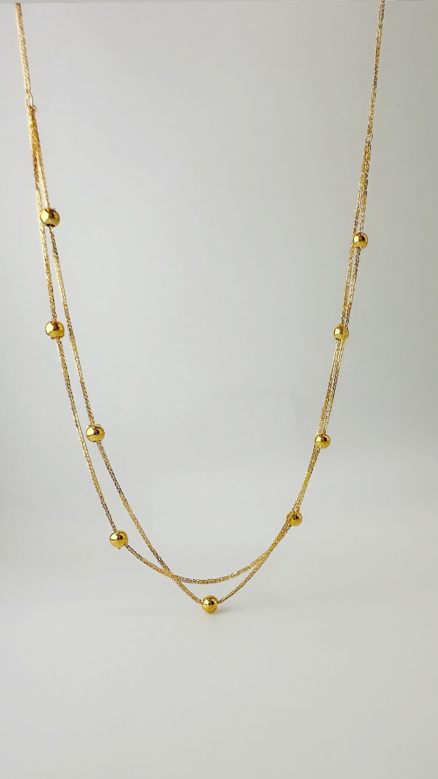 18K Real Gold Station Beads Dainty thin Necklace – Double Layer Size 17