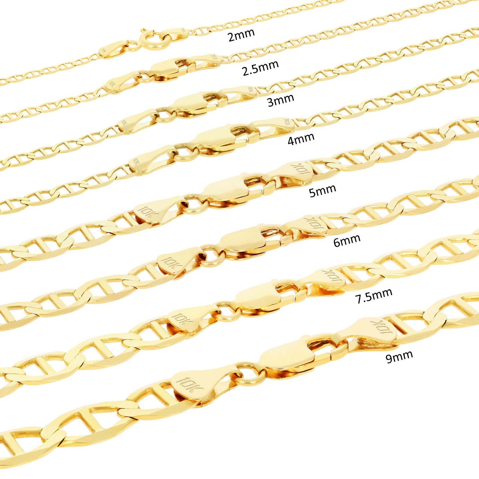 10K Yellow Gold Solid 2mm-9mm Mariner Anchor Flat Link Pendant Necklace 16″- 30″