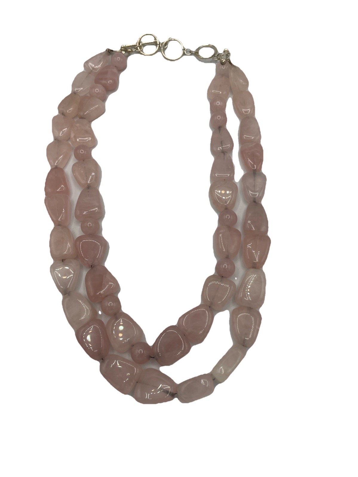 Rose Quartz Necklace Double Strand Crystal Chunky Bead Choker Sterling 925