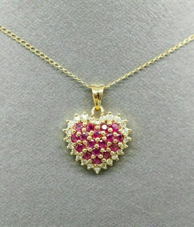 3Ct Round Cut Red Ruby Heart Shape Pendant 14K Yellow Gold Finish Free Chain