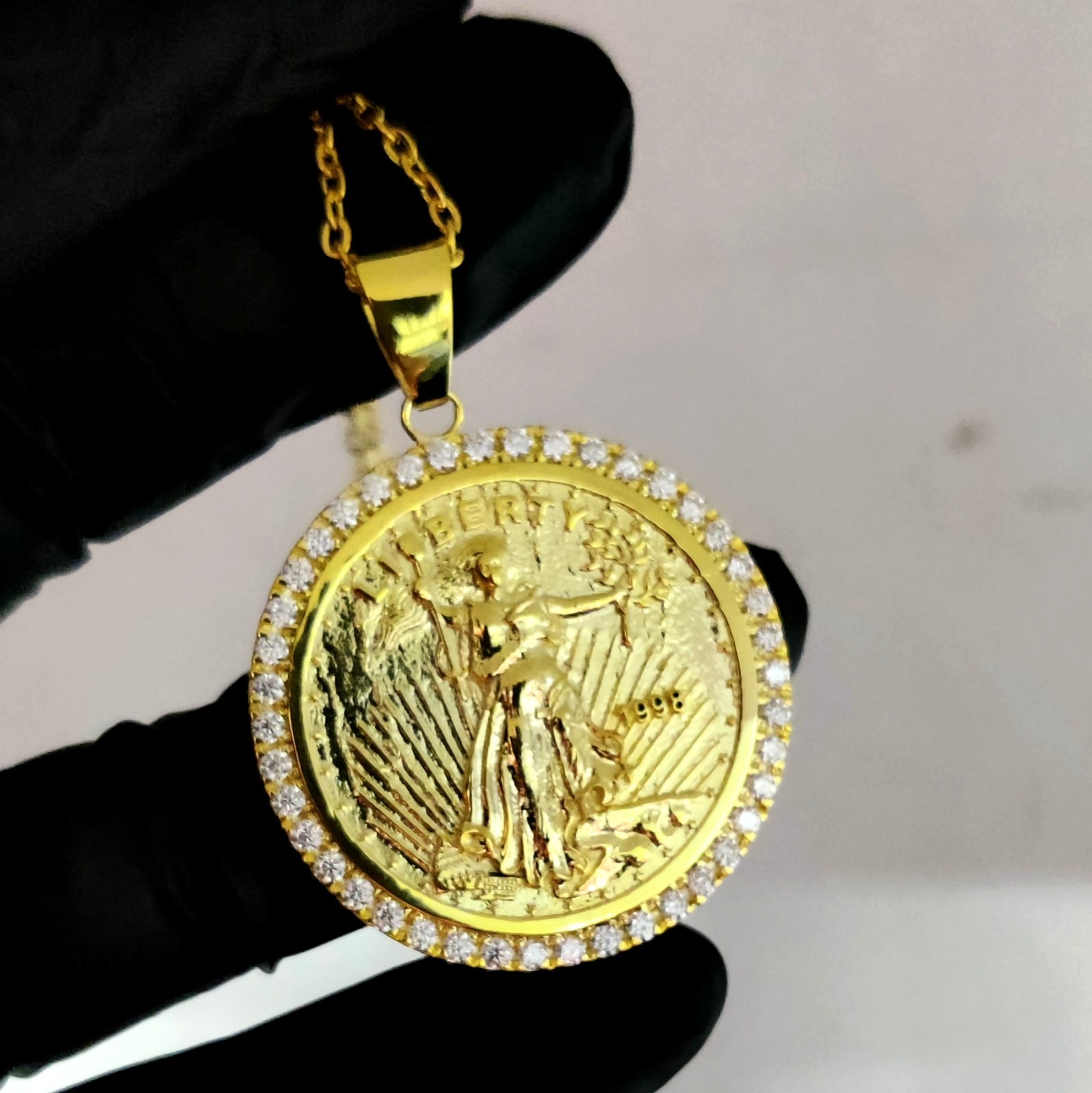 1.20Ct Round Cut Lab Created Diamond Liberty Coin Pendant 14K Yellow Gold Plated