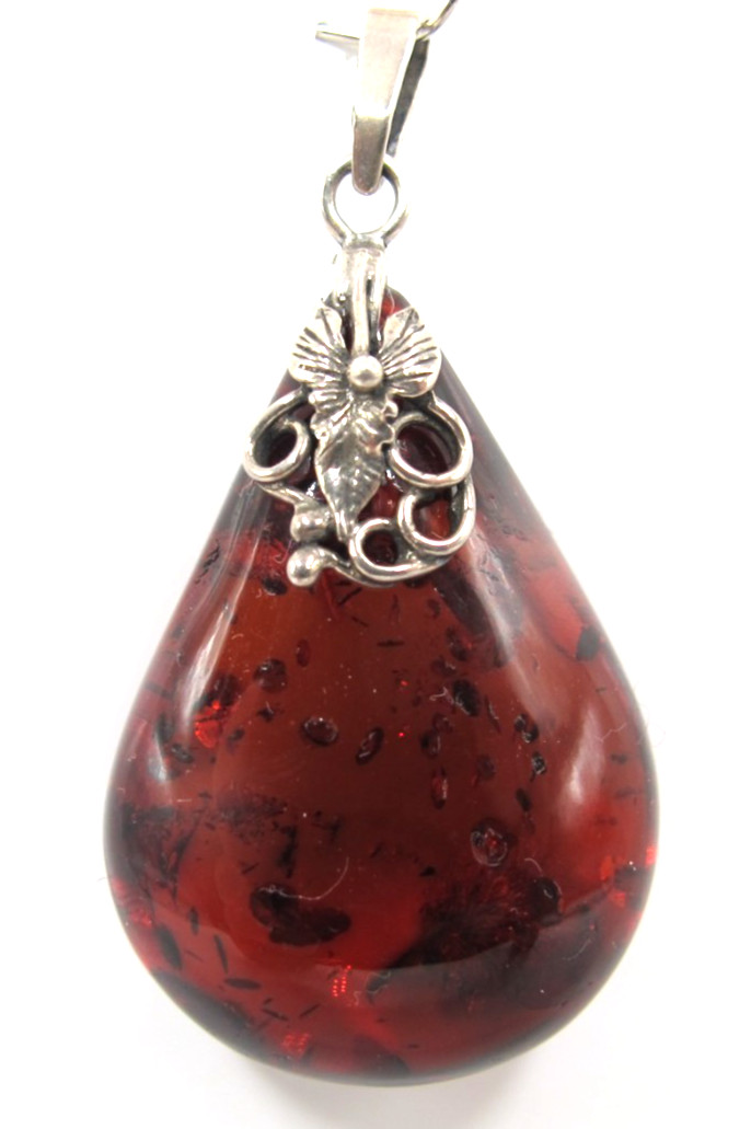 SILVER, PRESUMED STERLING, AMBER DROP PENDANT