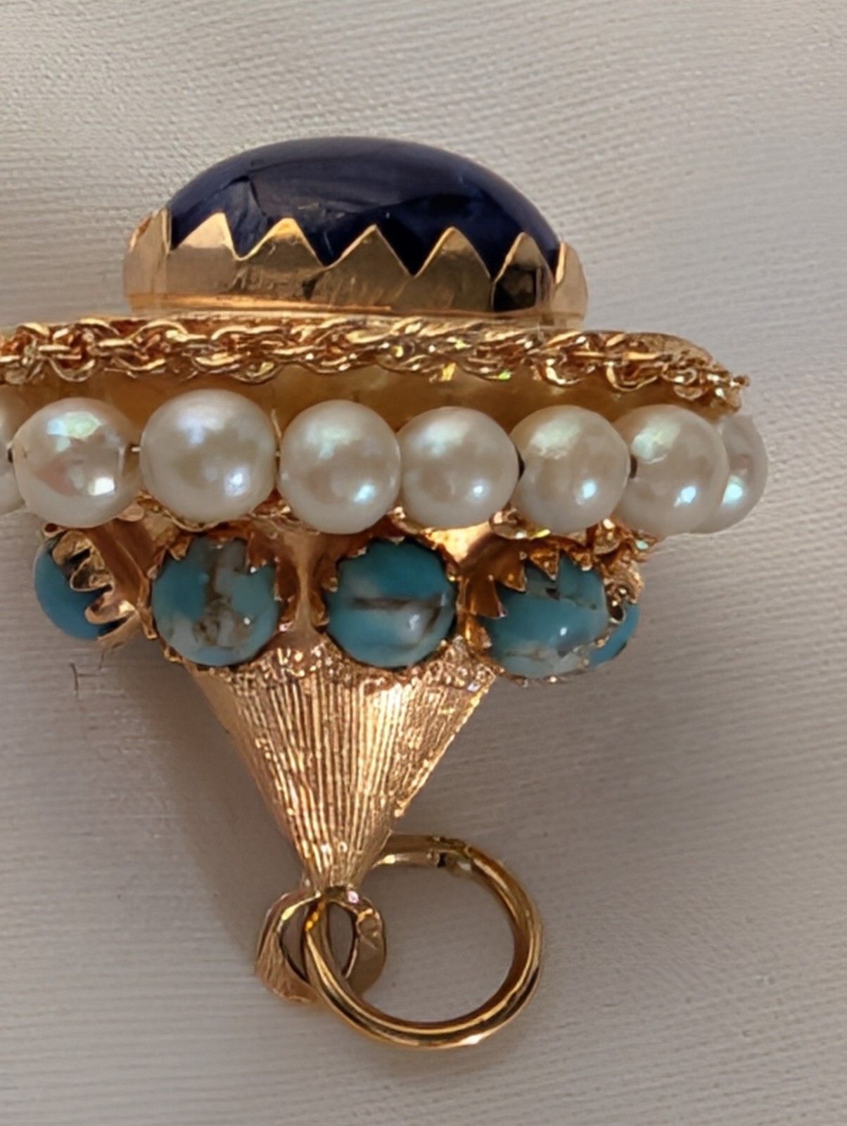 18K Gold ~ETRUSCAN STYLE LAPIS PEARL TURQUOISE~ Fob Charm Pendant