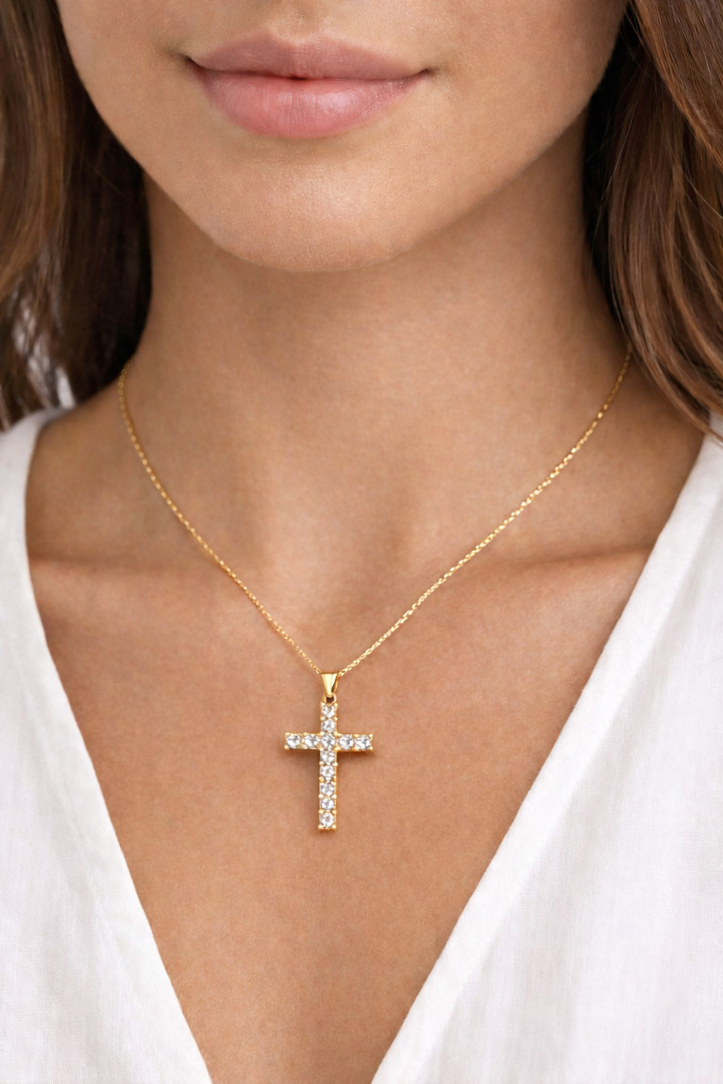 Italian 1/200 14k Yellow Gold CZ Cross Pendant Necklace Catholic Religious