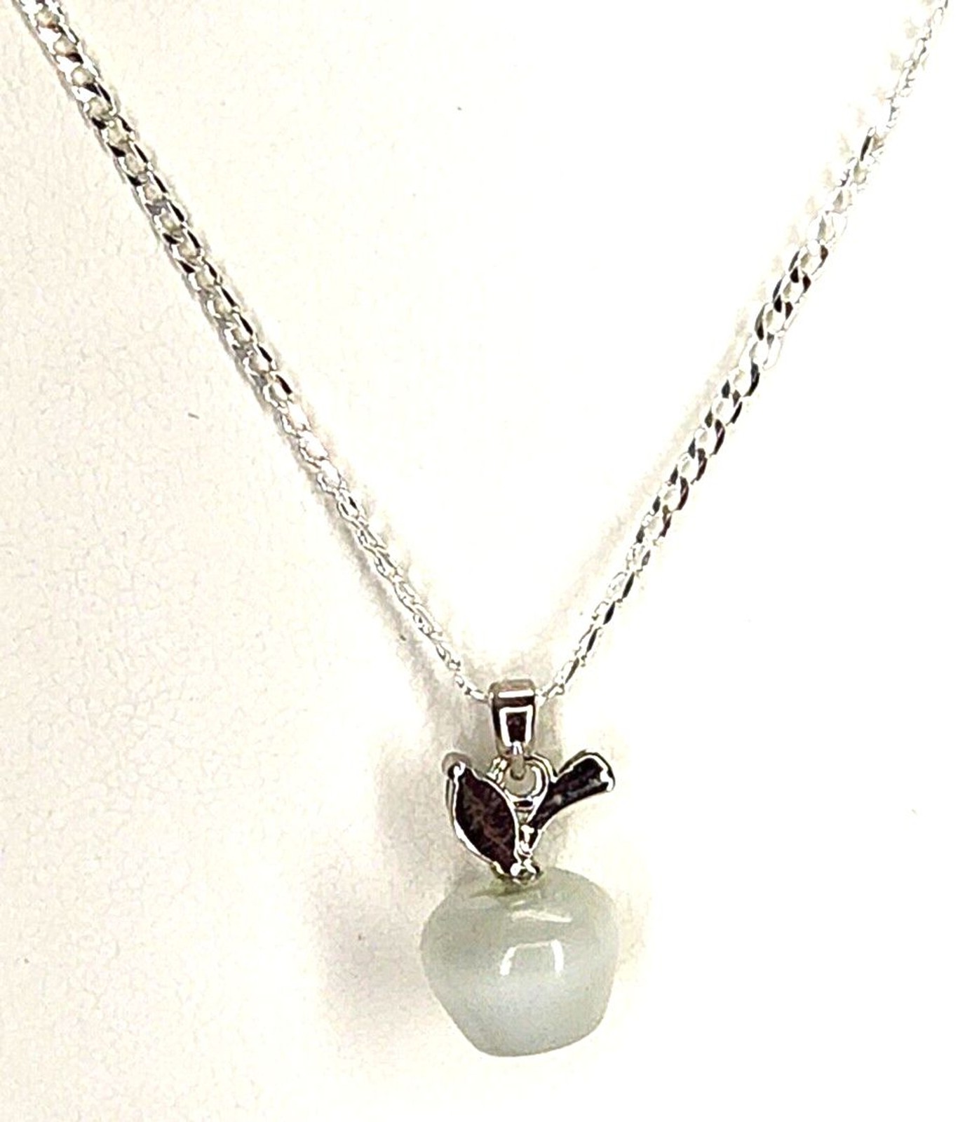 White Apple Pendant Necklace Cat Eye Stone, 18K White Gold Plated on Silver