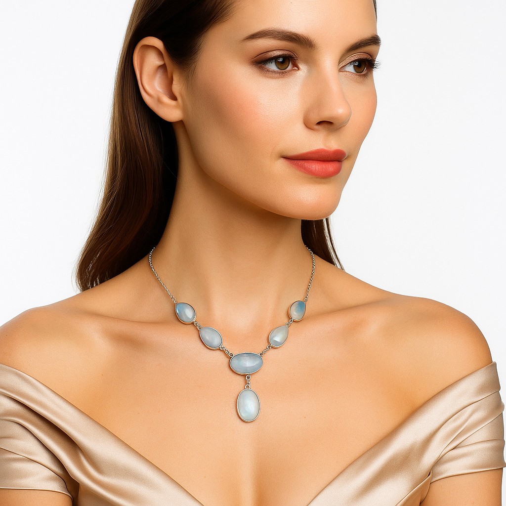 Premium Quality Rainbow Moonstone – India 925 Silver Necklace Jewelry N-1013