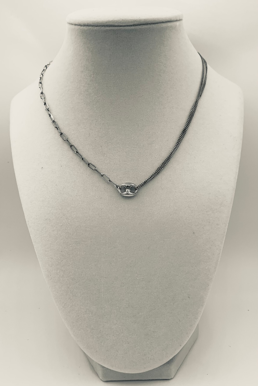 Rhodium Plt Silver Puffed Mariner Double Strand Curb & Paperclip Link Necklace