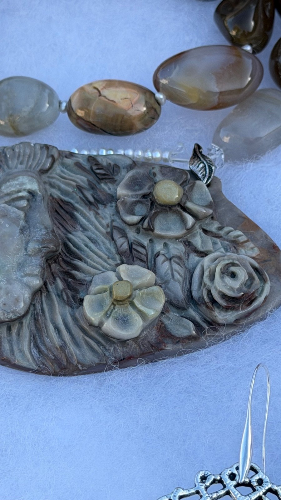 HAND CARVED EARTH MOTHER POLYCHROME JASPER PENDANT NECKLACE AND EARRING SET