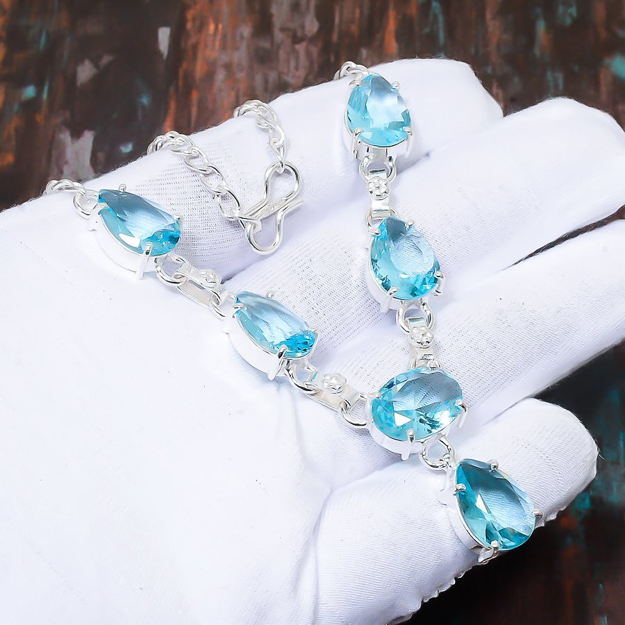 Swiss Blue Topaz Gemstone Handmade Gift Jewelry Necklace 18″ I686