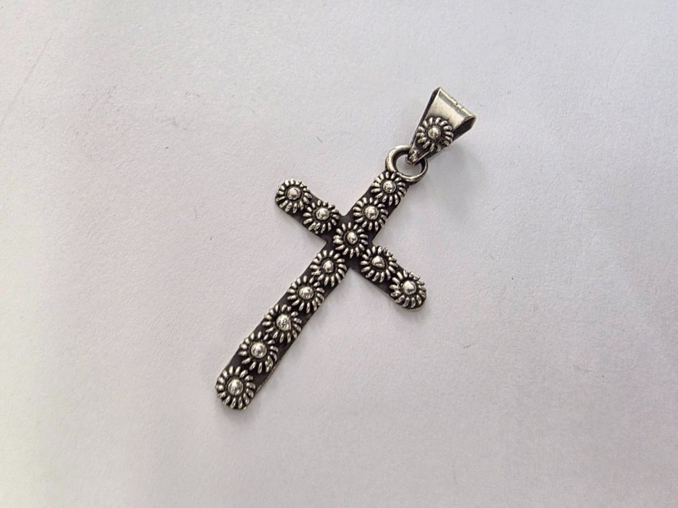 925 Sterling Silver Turquoise Bead Floral Cross Pendant 1 1/2 Inch (38mm) Tall