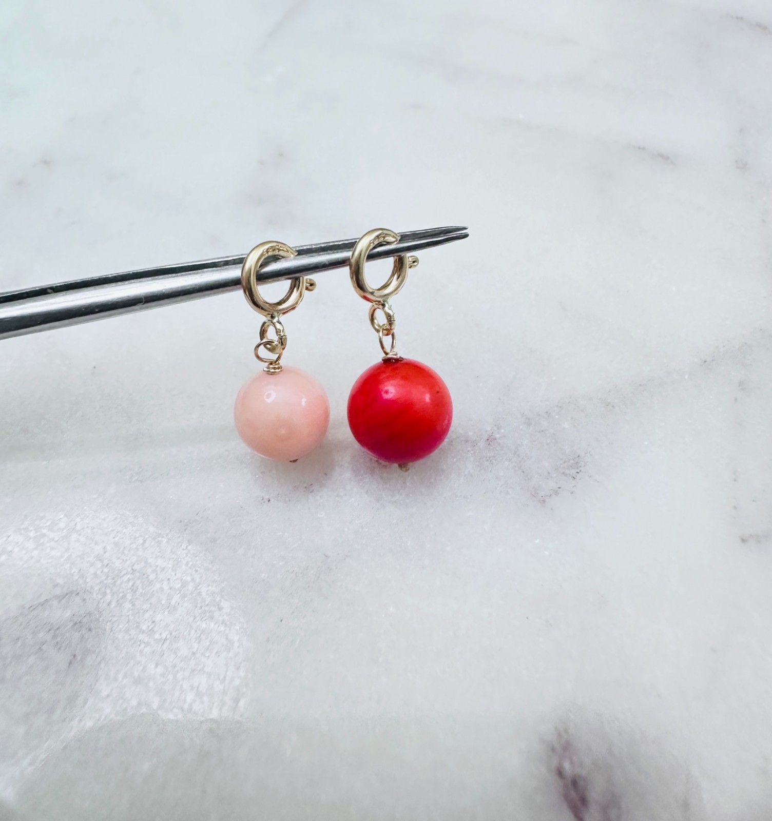 14K Solid Yellow Gold Small Round Red-Orange Coral Charm Pendant w/Spring Clasp
