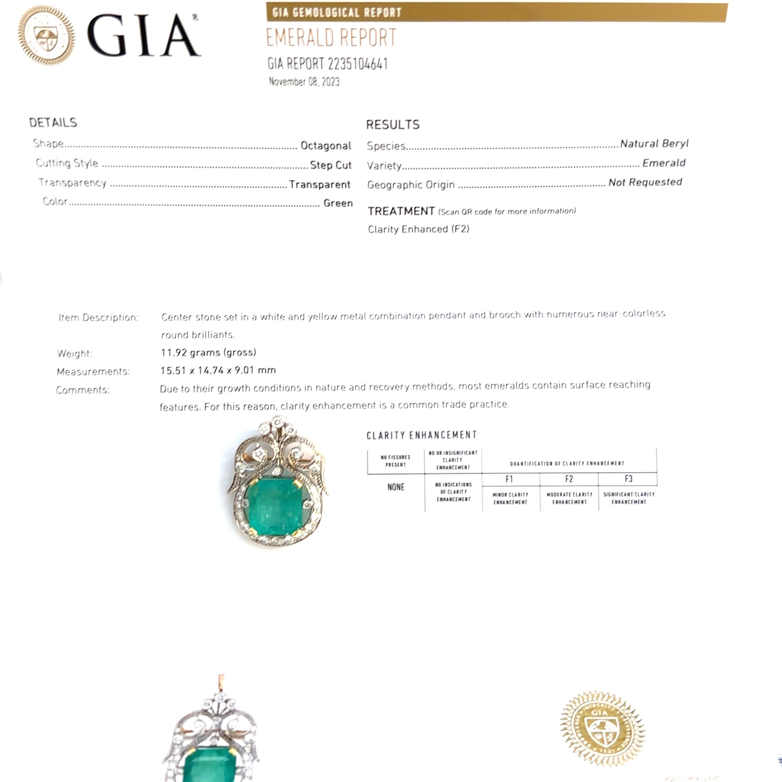 GIA Certified Emerald Diamond Brooch/Pendant Set in 14KT White Yellow Gold G006