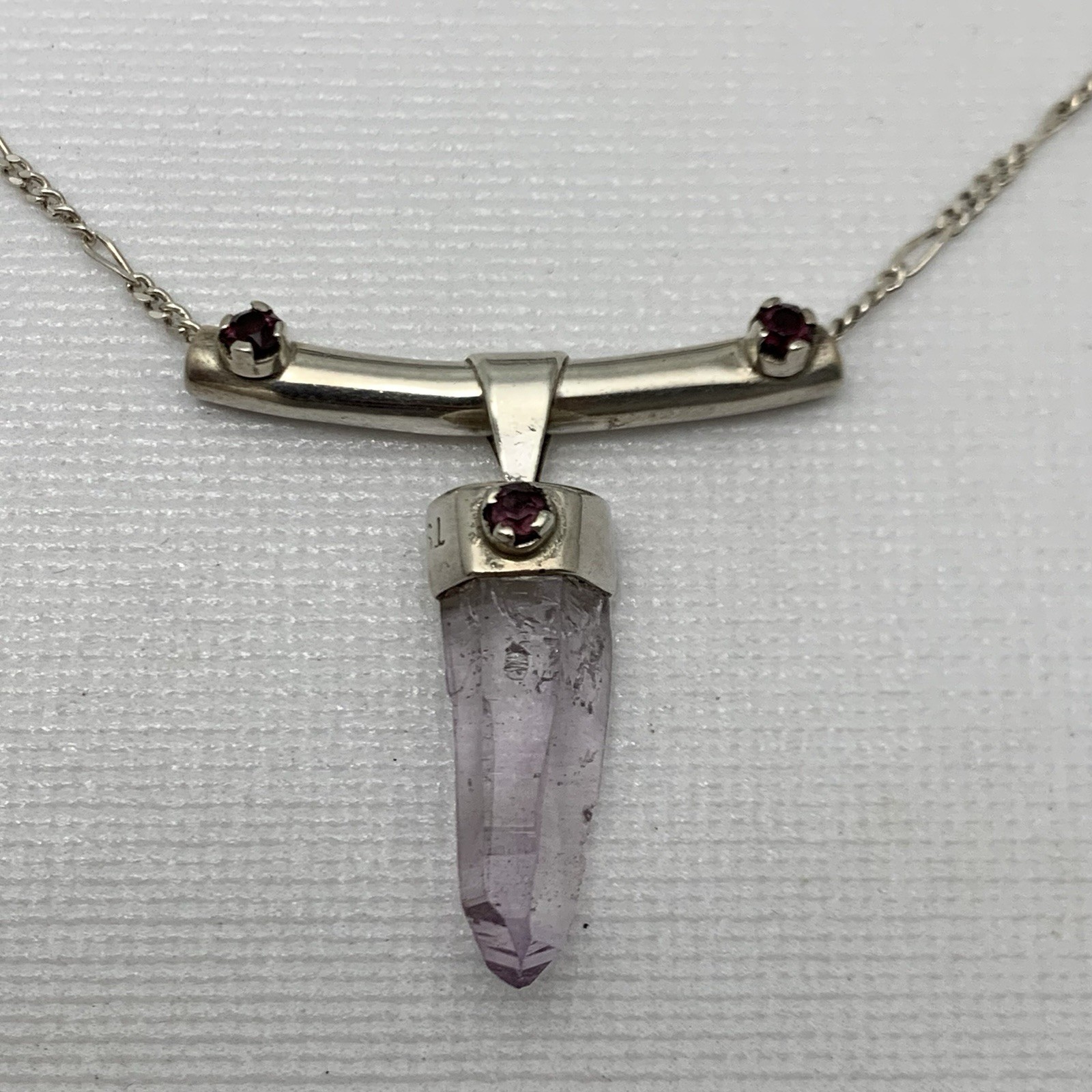 Sterling Silver Amethyst Point Pendant W/ Accent Garnet Necklace