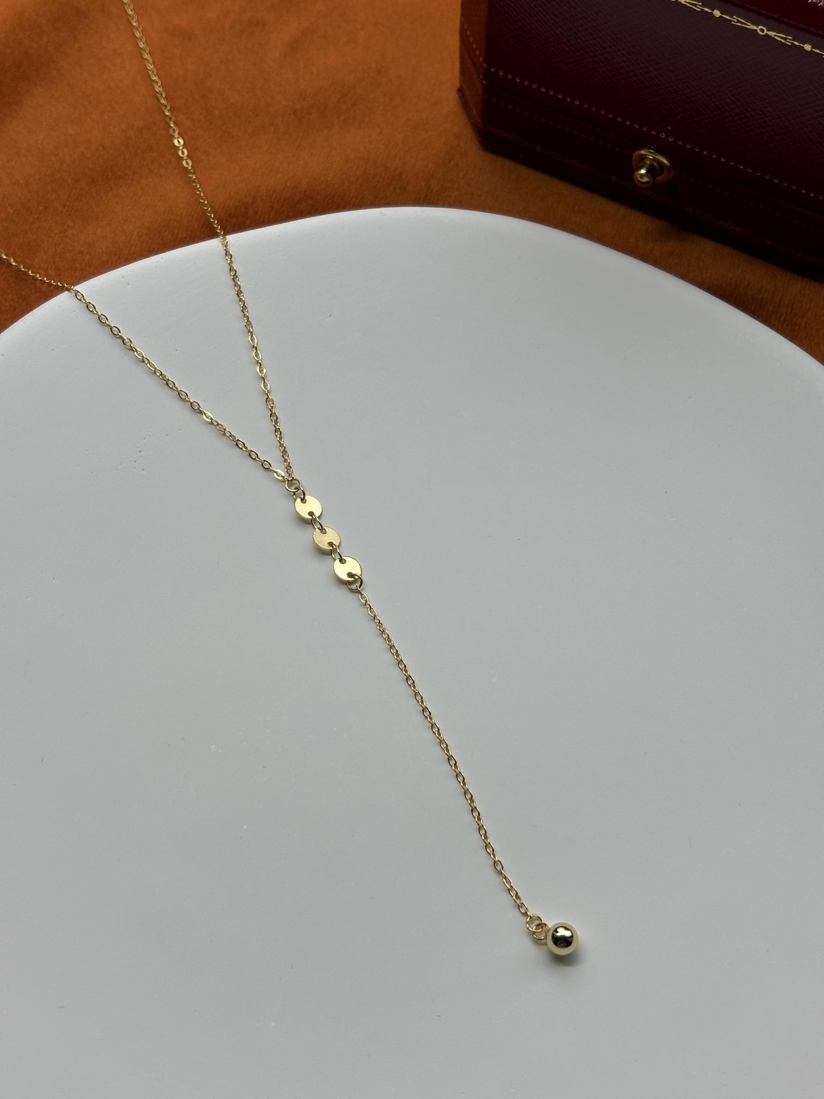 14K Gold Plated S925 Sterling Silver Chain Y Lariat Necklace Sequin Bead Pendant