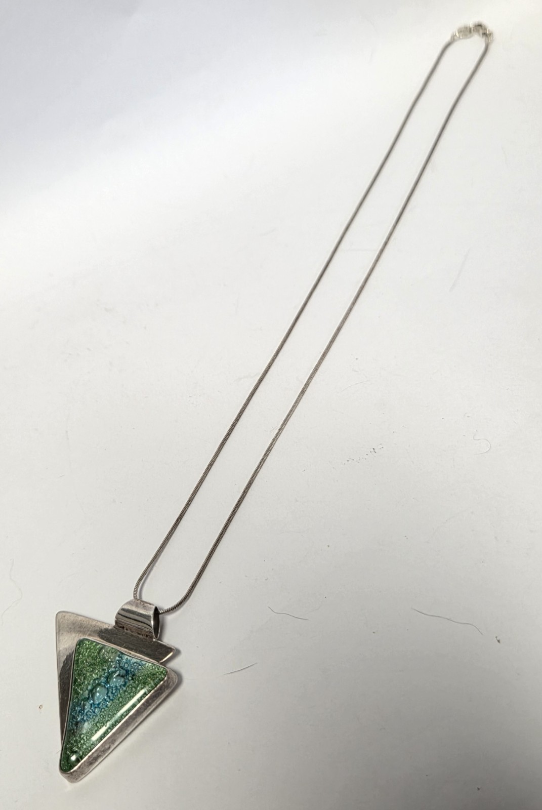 Dichroic Glass Sterling Silver Triangle Pendant Necklace 18″ Green Blue Bubbles
