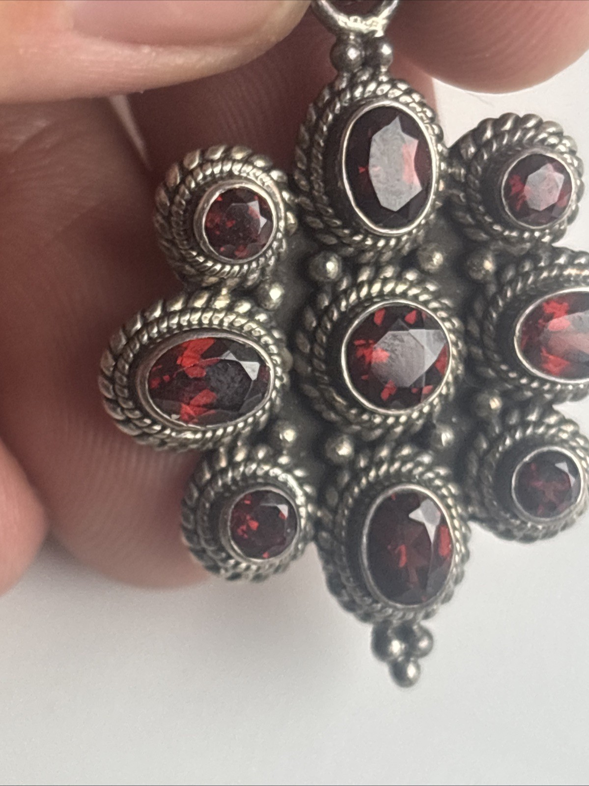 India Made Sterling Silver 925 Cluster Flower Garnet Stones Pendant 2″ Long