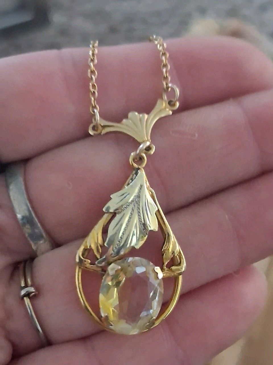 Art Deco 14k & 10k Yellow Gold Citrine Lariat Pendant Necklace 16″