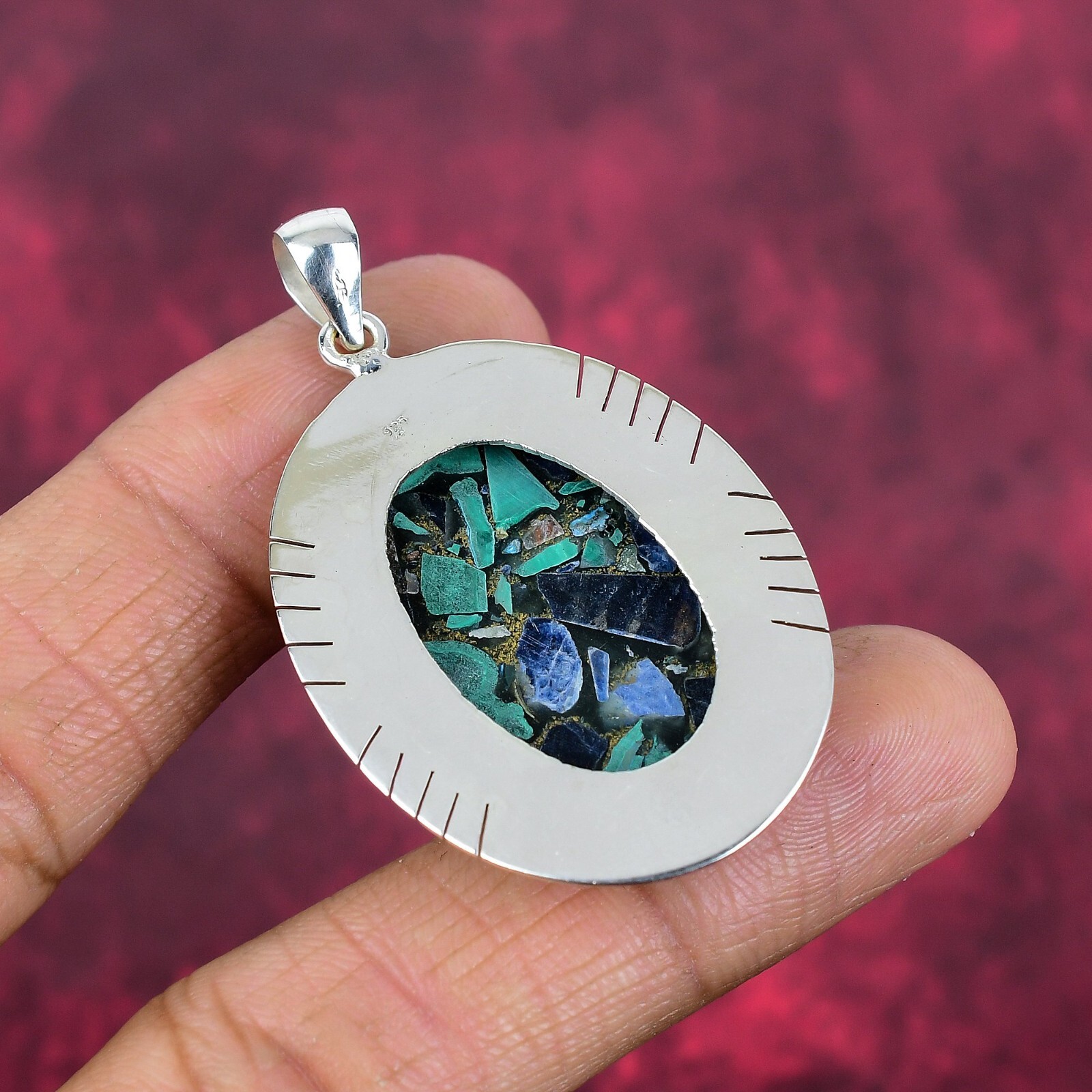 Copper Azurite Malachite Gemstone Handmade 925 Sterling Silver Pendant Jewelry