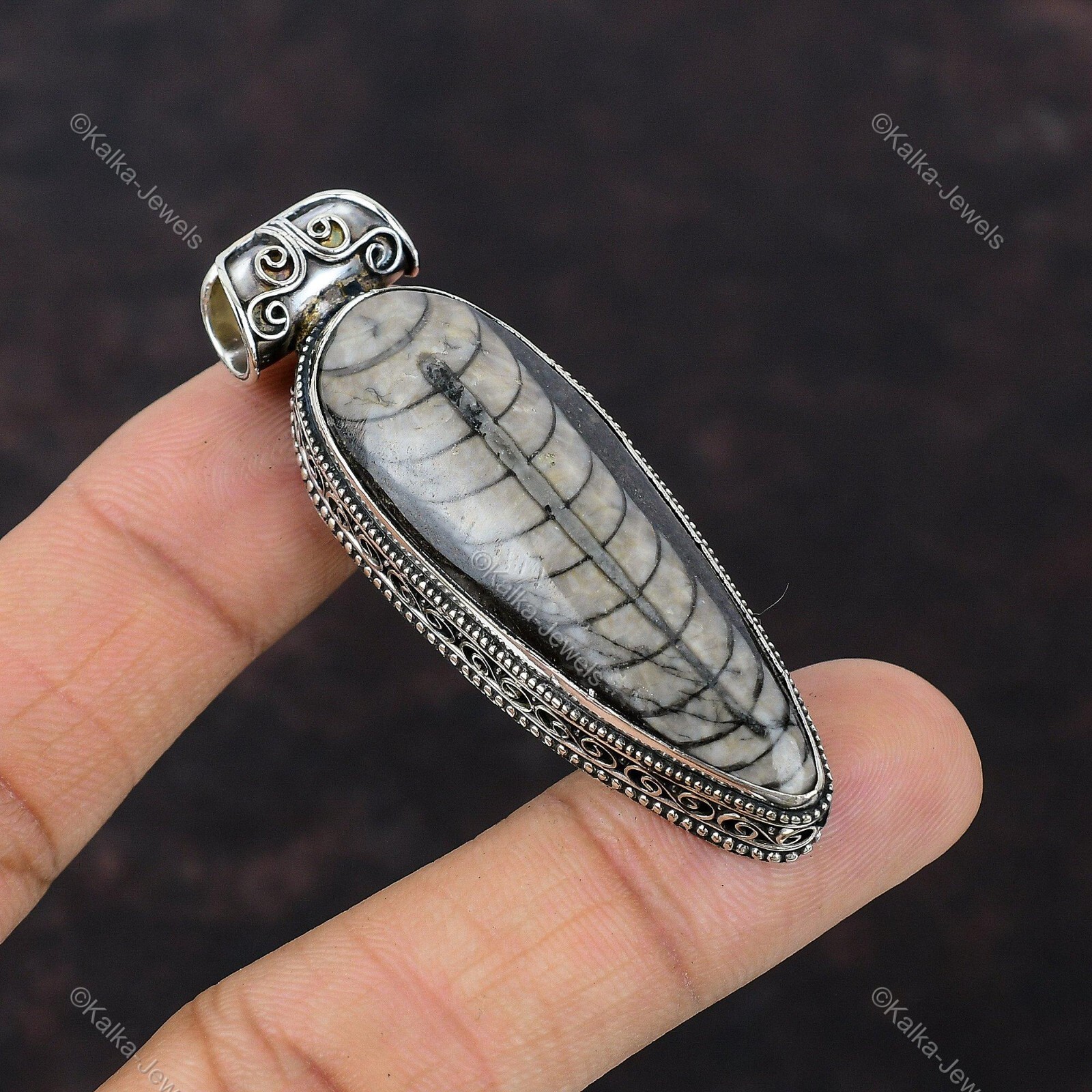 Gift For Her 925 Silver Natural Orthoceras Fossil Gemstone Pendant Vintage
