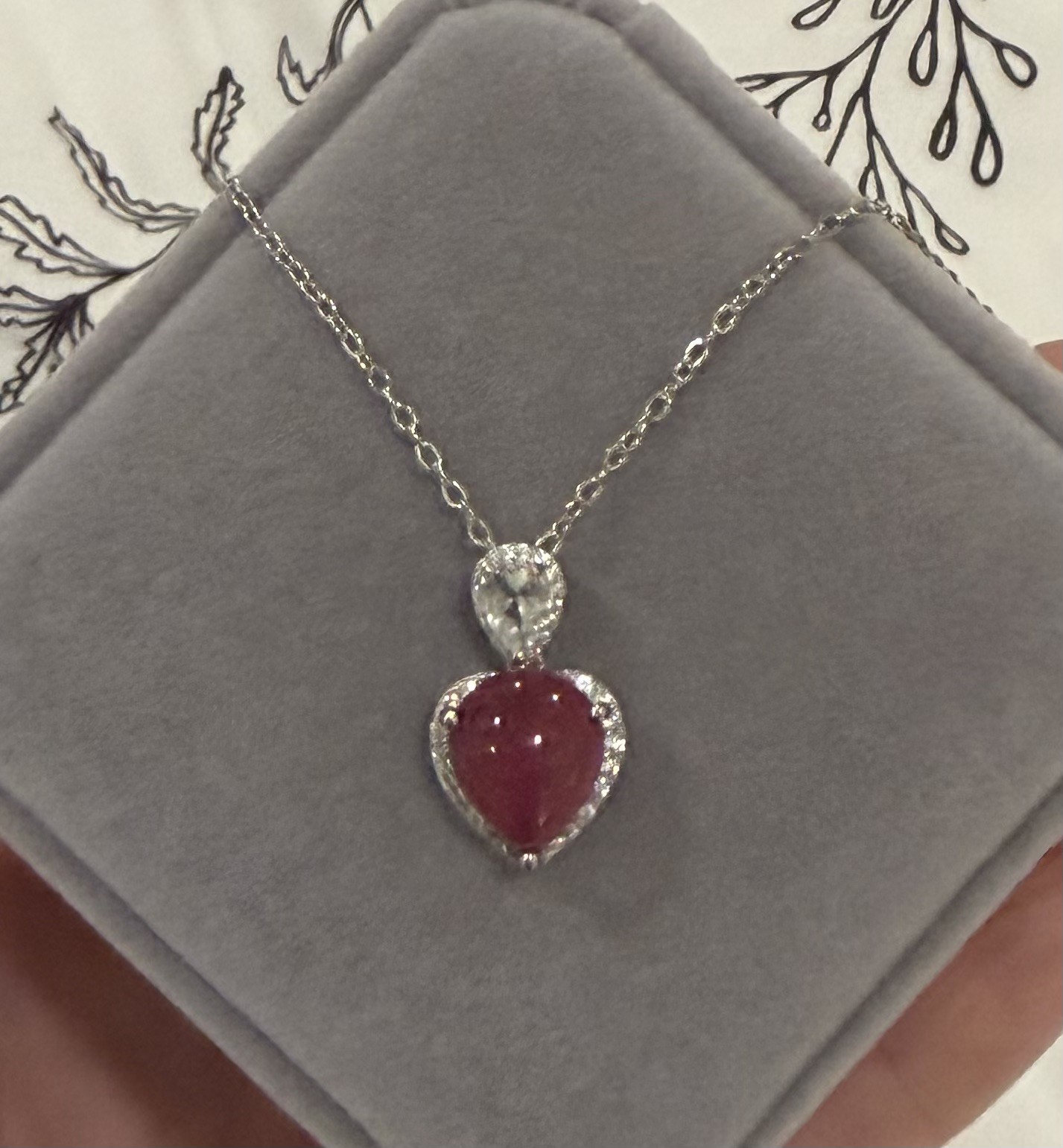 Stunning Natural Red Ruby 9x11mm & White Topaz 925 Sterling Pendant Necklace 18”