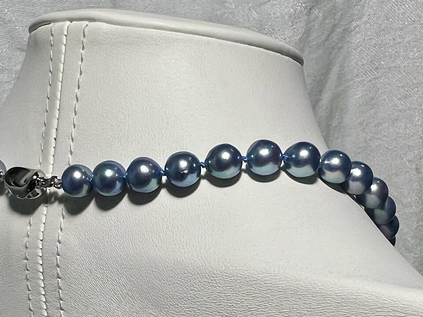 Japanese Blue Saltwater Akoya Pearl 15.25” Necklace 7.4-7.9mm St Silver Clasp