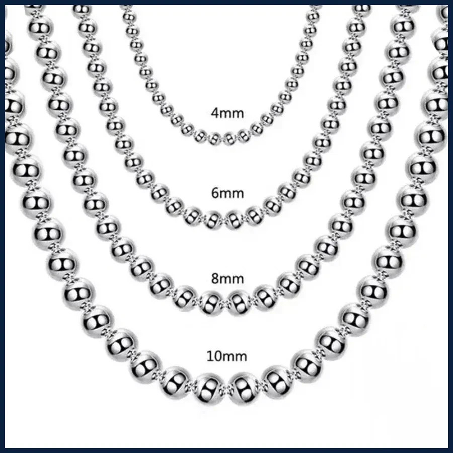 925 Sterling Silver Smooth Beads Ball Chain Necklace 4MM/6MM/8MM/10MM Jewelry