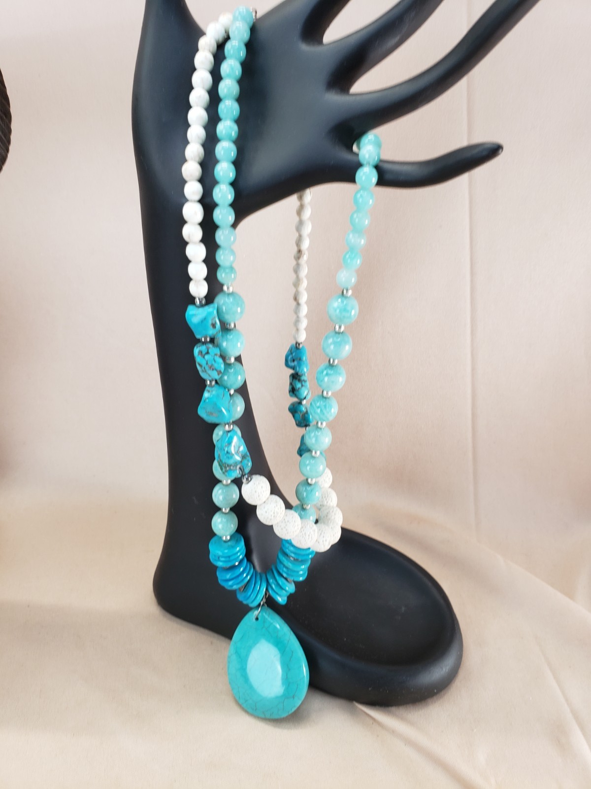 Sterling Silver Amazonite Turquoise Lava Bead Howlite Pendant Necklace S925