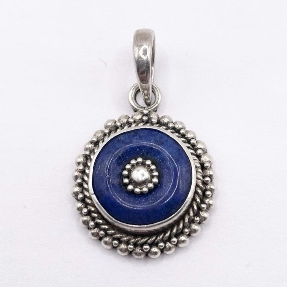 925 Sterling Silver Round Blue Stone Pendant Charm Signed Silver Blue