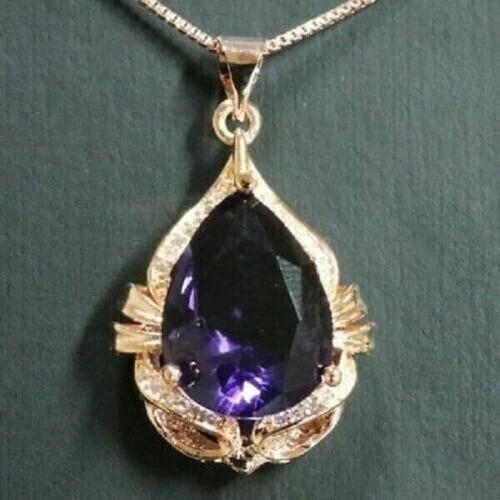 3Ct Pear Cut Lab Created Amethyst Solitaire Women Pendant 14K Yellow Gold Plated