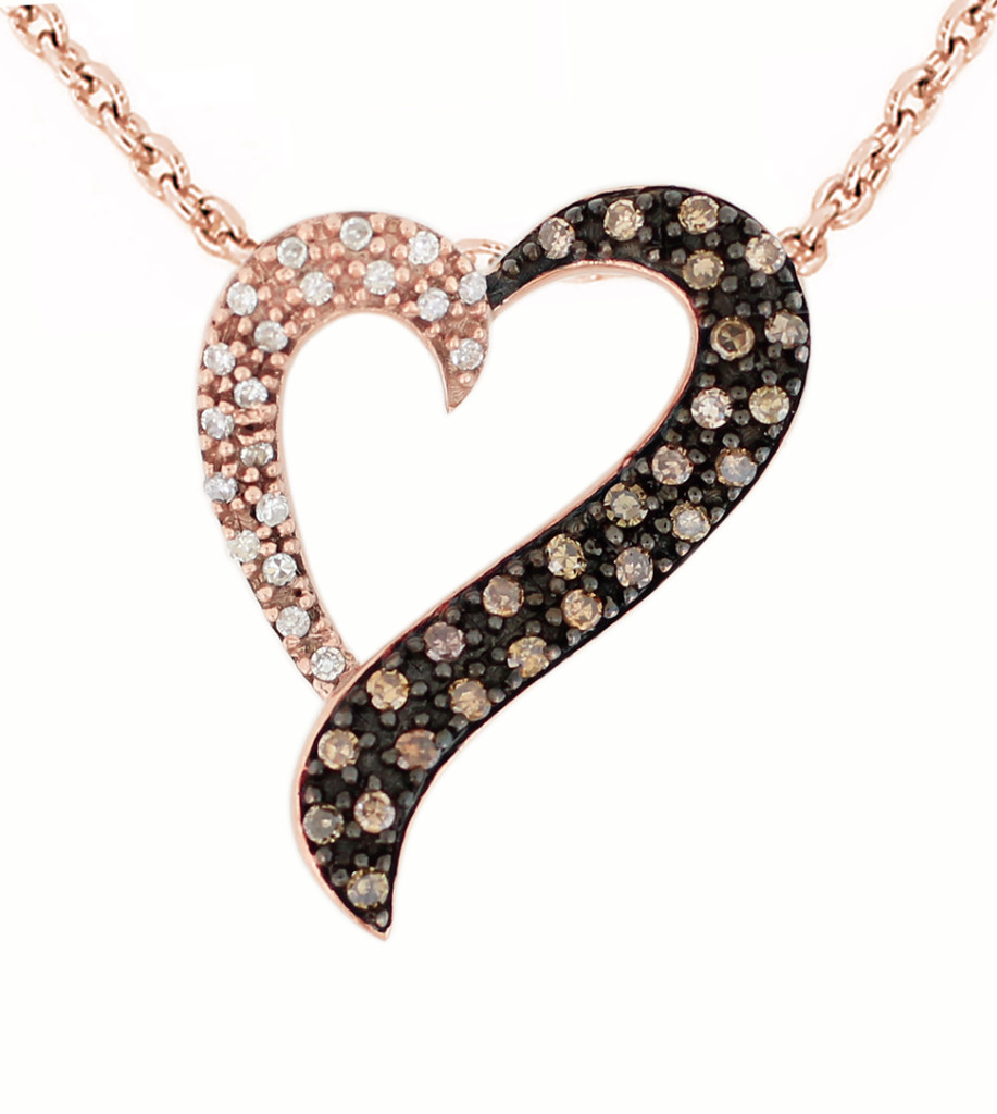 10K Rose Gold Chocolate Brown & White Diamond Heart Pendant .33ct