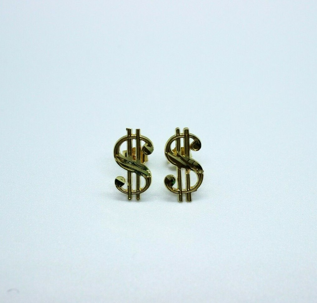 10K Solid Yellow Gold Dollar $ Sign Money Stud Earring Push Back 2 Size