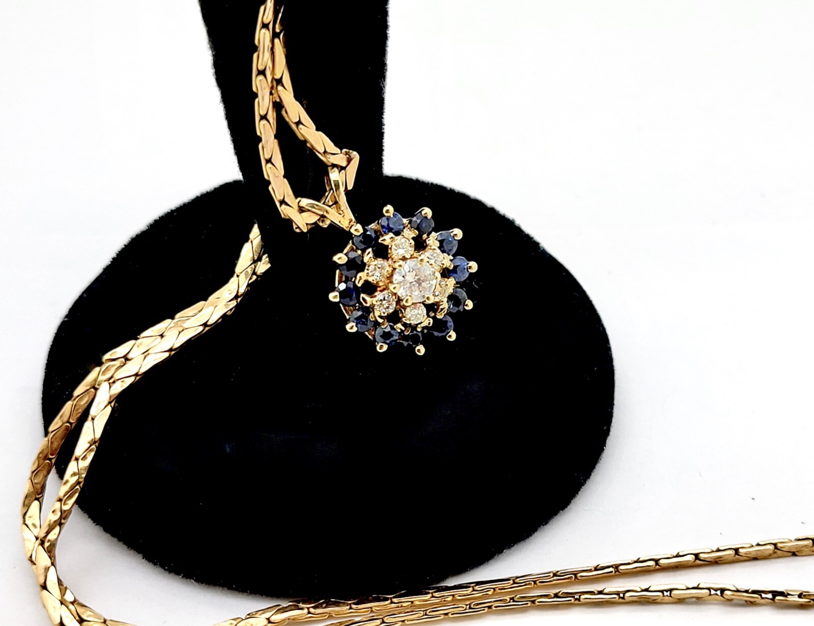 BALESTRA 14K GOLD .5CT DIAMOND & BLUE SAPPHIRE PENDANT & 20″ WHEAT LINK NECKLACE