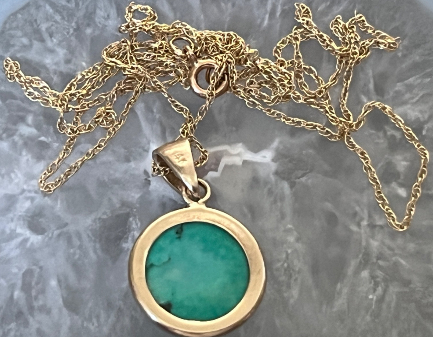 1970’s Vintage 14K Gold Robin’s Egg Turquoise Pendant & 10K Rope Chain Necklace