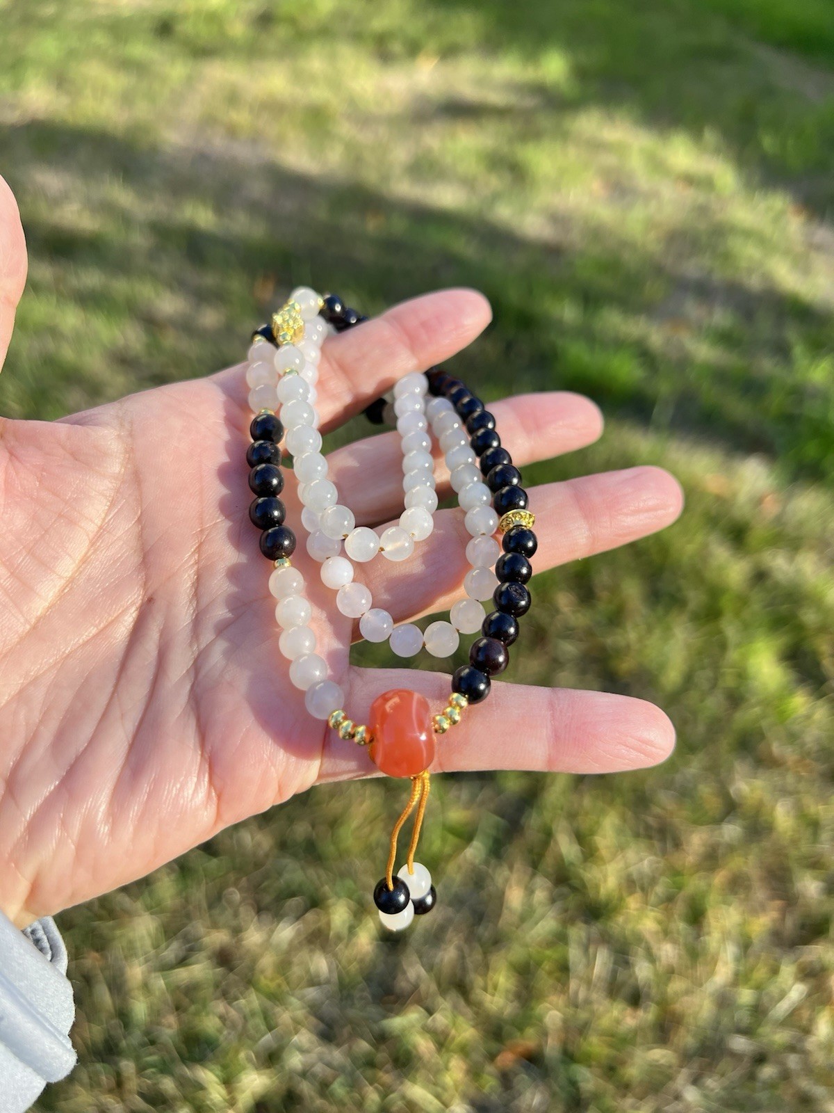 22″ Nephrite Jade+Wood+Agate 6mm Bead Necklace B608