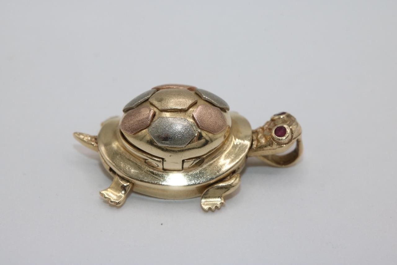 14K Tri Color Gold Turtle Pendant Charm with Red Stones Religious Virgin Mary