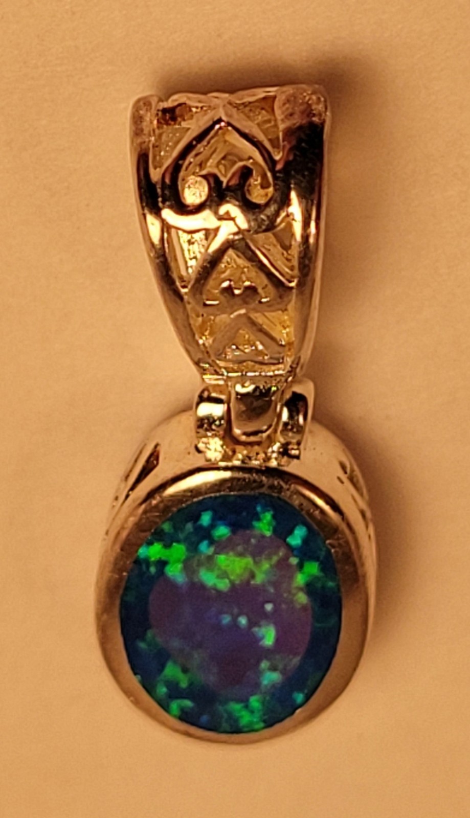 Sterling Silver 925 Filigree Pendant blue green oval charm beautiful hearts