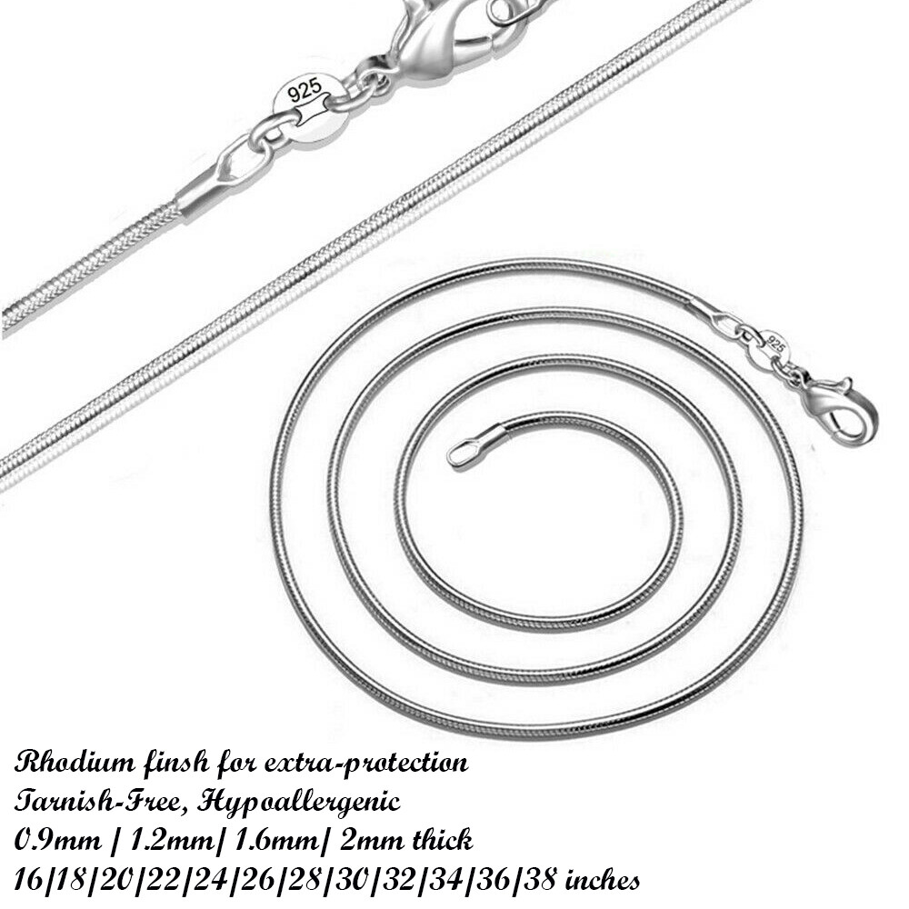Round Snake Chain Necklace/925 Sterling Silver/16″-38″inch/0.9mm/1.2mm/1.6mm/2mm