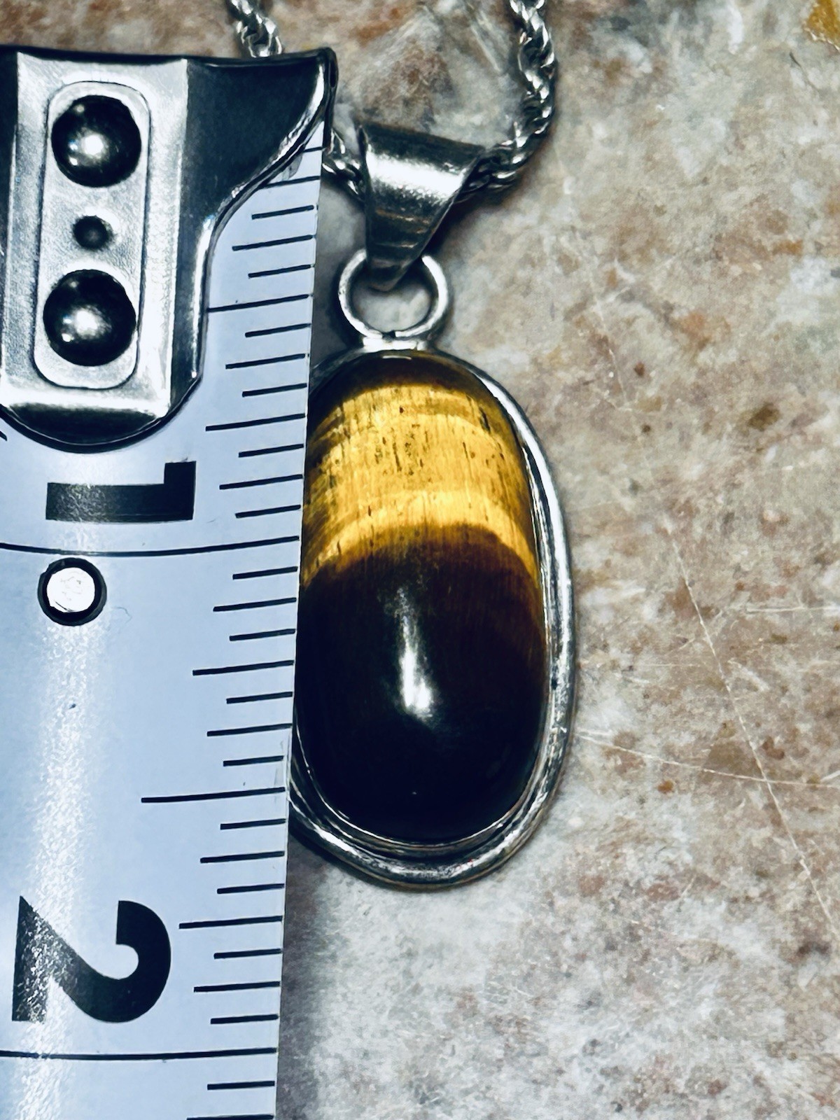 Large Oval Tigers Eye Pendant Necklace On Thick Sterling Rope Chain 19.62 Gr