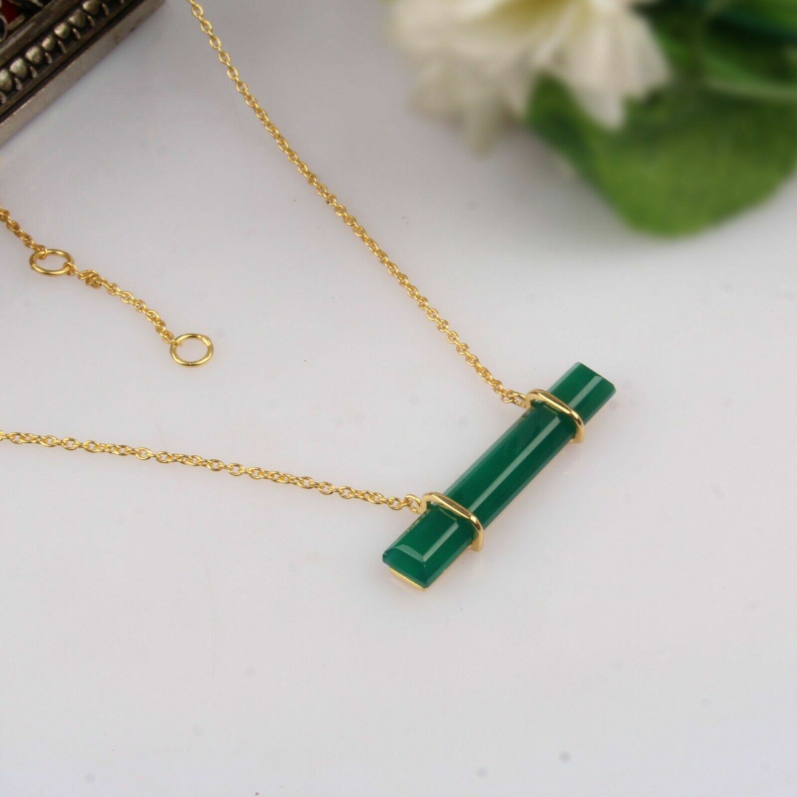 Green Onyx Bar Necklace 925 Silver Gold Plated Horizontal Pendant Necklace