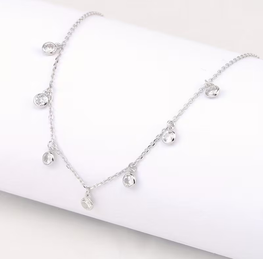 Moissanite Real 925 Silver Dangle Station Necklace Adjustable Choker for Women