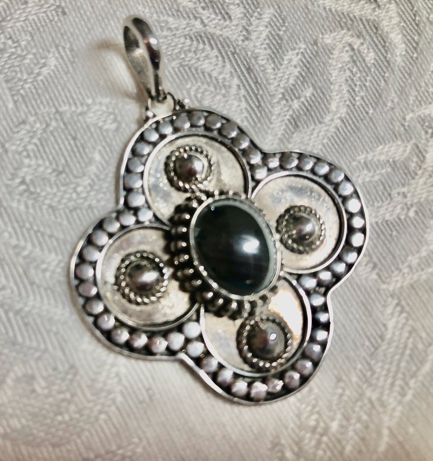 925 Silver Pendant, w Blue Gray Cabochon 1 1/2 in., Large Bail 3/8 in.