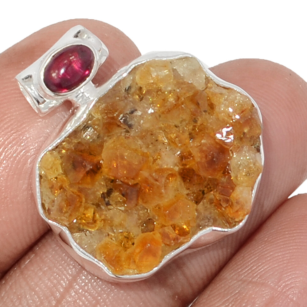 Heated Citrine Druzy – Brazil & Garnet 925 Silver Pendant Jewelry CP64979