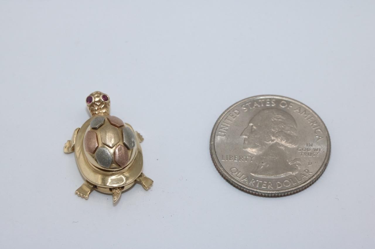 14K Tri Color Gold Turtle Pendant Charm with Red Stones Religious Virgin Mary
